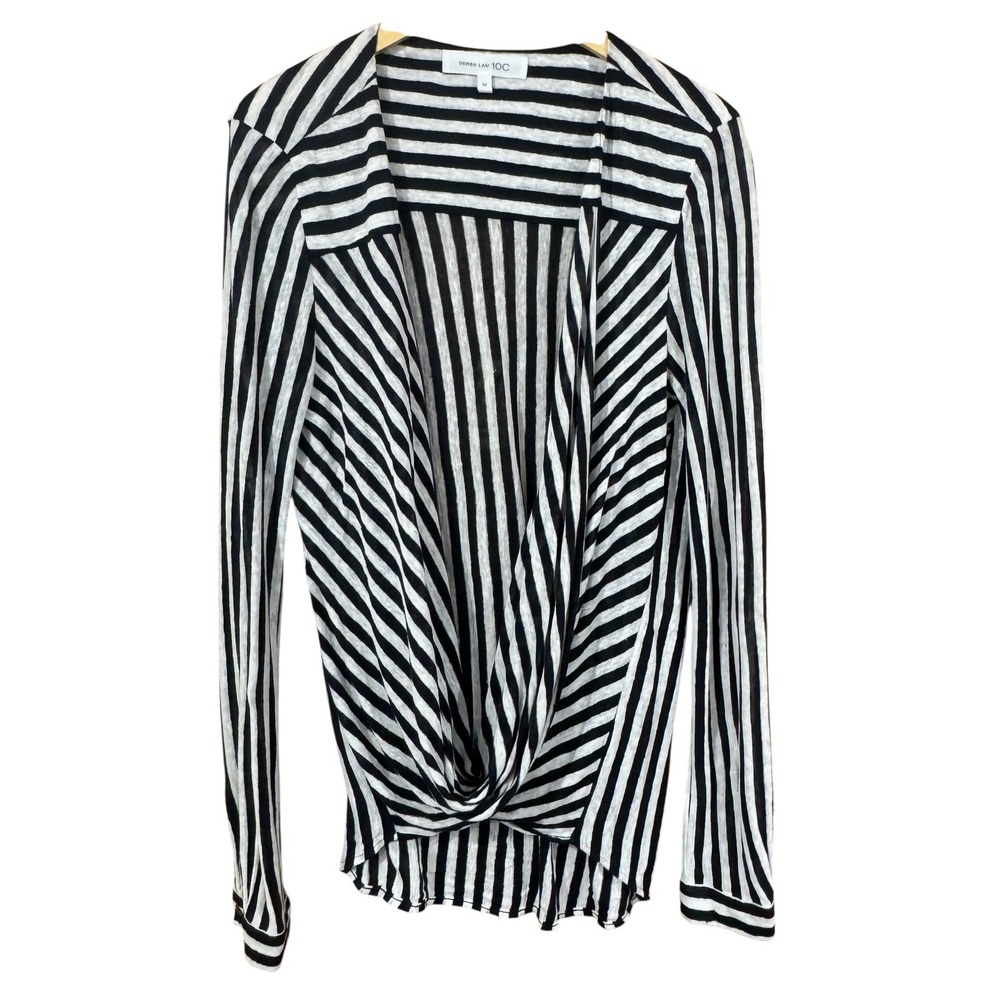 Derek Lam 10C Women's Striped Linen Drape Long Sleeve Top Blouse Black SZ M‎